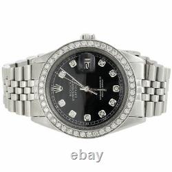 Mens Rolex 36mm DateJust Diamond Watch Jubilee Steel Band Custom Black Dial 2 CT