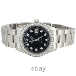 Mens Rolex 36mm DateJust Diamond Watch Oyster Steel Band Custom Black Dial 2 CT