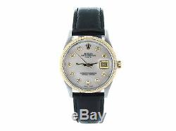 Mens Rolex Date 2tone 14k Gold/Steel Black Leather Watch White MOP Diamond Dial