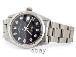 Mens Rolex Date Stainless Steel Watch Black Diamond Dial Oyster Style Band 1500