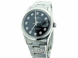 Mens Rolex Date Stainless Steel Watch Oyster Style Band Black Diamond Dial 1500