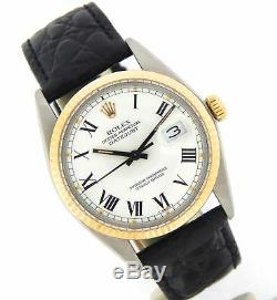 Mens Rolex Datejust 14K Gold Stainless Steel Watch White Black Roman Dial 16013