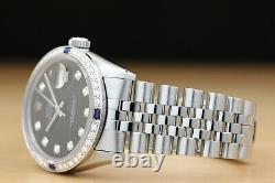 Mens Rolex Datejust 16014 Black Diamond Sapphire 18k White Gold & Steel Watch