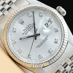 Mens Rolex Datejust 16014 Factory Silver Diamond Dial 18k White Gold Steel Watch