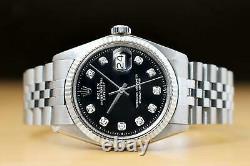 Mens Rolex Datejust 1601 Black Diamond 18k White Gold & Stainless Steel Watch