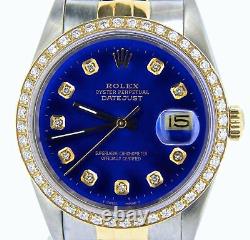 Mens Rolex Datejust 18k Gold and Steel Watch Blue Diamond Dial 1ct Bezel 16233