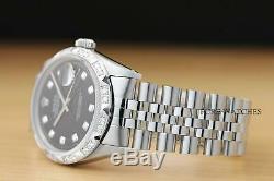 Mens Rolex Datejust 18k White Gold Pyramid Diamond & Steel Black Dial Watch