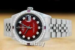 Mens Rolex Datejust 18k White Gold Ruby Diamond Bezel & Steel Red Vignette Watch