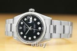 Mens Rolex Datejust Black Diamond Dial 18k White Gold Fluted Bezel & Steel Watch