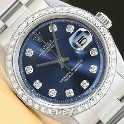 Mens Rolex Datejust Blue Dial 18k White Gold Stainless Steel Diamond Watch