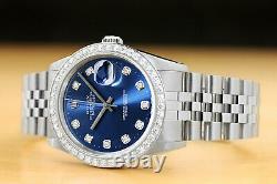 Mens Rolex Datejust Blue Dial 1.60 Ct Diamond Bezel 18k White Gold & Steel Watch