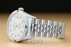 Mens Rolex Datejust Mother Of Pearl Sapphire Diamond 18k White Gold Ss Watch