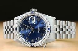 Mens Rolex Datejust Roman 18k White Gold Sapphire Diamond & Steel Watch 16014