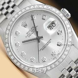 Mens Rolex Datejust Silver Diamond Dial 18k White Gold Stainless Steel Watch