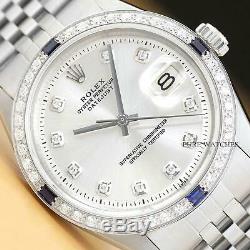 Mens Rolex Datejust Silver Diamond Sapphire 18k White Gold Stainless Steel Watch