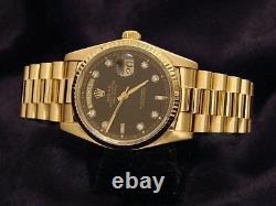 Mens Rolex Day-Date President 18K Yellow Gold Watch Black 8+2 Diamond Dial 18038
