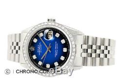 Mens Rolex Diamond Datejust 18K White Gold & Stainless Steel Blue Vignette Watch