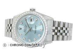 Mens Rolex Diamond Datejust 18K White Gold & Stainless Steel Ice Blue Dial Watch