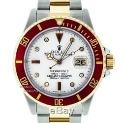 Mens Rolex Red Submariner Date 16613 Watch Ss/18k Yellow Gold White Diamond Dial