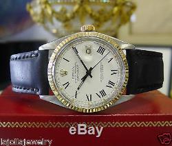 Mens Vintage ROLEX Datejust Yellow Gold Steel White Dial Roman Numeral Watch