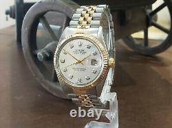 Mens Vintage ROLEX Oyster Perpetual Datejust 36mm White MOP DIAMOND Dial Watch