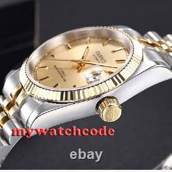 New 36mm PARNIS golden dial 21 jewels miyota luminous Date automatic mens watch