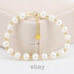 New Au750 18K Yellow Gold Bracelet Woman's 6.5-7mm White Pearl Link Bead Chain