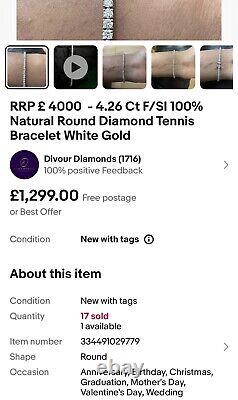 RRP £ 4000 4.26 Ct F/SI 100% Natural Round Diamond Tennis Bracelet White Gold