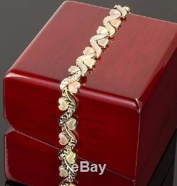 Real 10K Gold Tri Color Heart Bracelet Diamond Cut Design Gold/Rose Gold/White