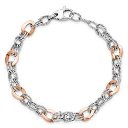 Real 14K Rose and White Gold Polished Diamond Cut Fancy Link Chain Bracelet