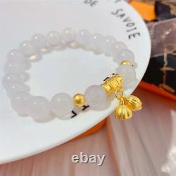 Real Pure 24k Yellow Gold Bracelet 3D Lotus Tube Bead White Chalcedony 7inchL
