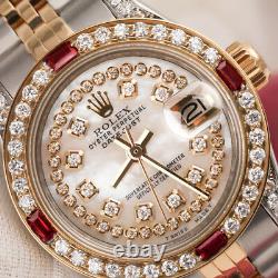 Rolex 26mm Datejust White Mother Of Pearl String Dial Ruby & Diamond Bezel