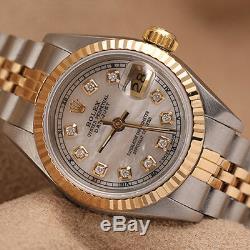 Rolex 26mm Datejust White Mother of Pearl Diamond Dial Fluted Bezel 2 Tone