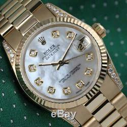 Rolex 31mm Presidential 18k Gold Ladies Diamond Watch White Mother Of Pearl Dial