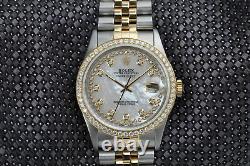 Rolex 36mm Datejust White Mother of Pearl String Diamond Dial 2 Tone Watch