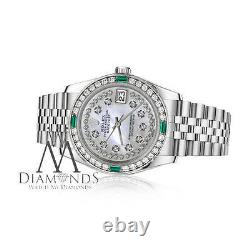 Rolex 36mm Unisex Datejust White MOP String Diamond Dial with Emerald Watch