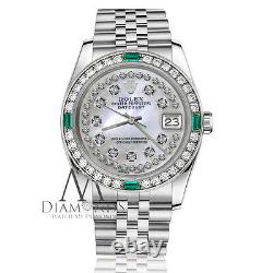 Rolex 36mm Unisex Datejust White MOP String Diamond Dial with Emerald Watch