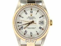 Rolex Date 15223 Mens 18K Gold & Stainless Steel Watch Oyster Band Roman Dial
