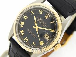 Rolex Datejust 1601 Mens 14K Yellow Gold Stainless Steel Watch Black Roman Dial