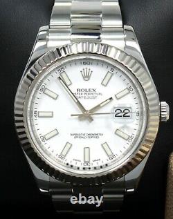 Rolex Datejust II 116334 41mm White Dial 18K White Gold Fluted Bezel Watch MINT