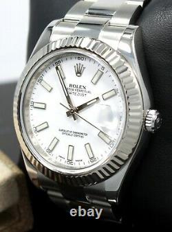 Rolex Datejust II 116334 41mm White Dial 18K White Gold Fluted Bezel Watch MINT