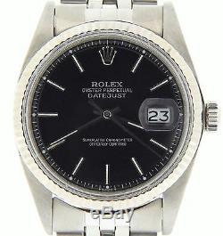 Rolex Datejust Mens Stainless Steel 18K White Gold Black Watch Jubilee Band 1601