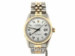 Rolex Datejust Mens Two-Tone 14K Gold Stainless Steel White & Black Roman 16013