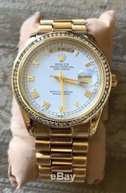 Rolex Day Date President 18K Yellow Gold White Roman Dial Diamond Bezel 18038