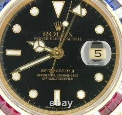 Rolex GMT Master II 16718 Heavy 18k Gold Diamond Ruby Sapphire Bezel Mens Watch