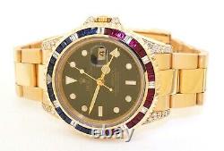 Rolex GMT Master II 16718 Heavy 18k Gold Diamond Ruby Sapphire Bezel Mens Watch