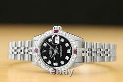 Rolex Ladies Datejust Black Ruby Diamond 18k White Gold/ss Steel Watch