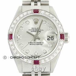 Rolex Ladies Datejust Silver Diamond Dial 18K White Gold Ruby Bezel Steel Watch
