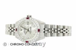 Rolex Ladies Datejust Silver Diamond Dial 18K White Gold Ruby Bezel Steel Watch