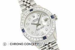 Rolex Ladies Datejust Silver Diamond Dial 18K White Gold Sapphire Bezel SS Watch
